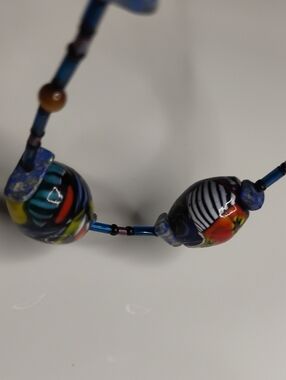 Handmade Multicolor Polished  Glass Bead Necklace - Blue Accent Dainty Style